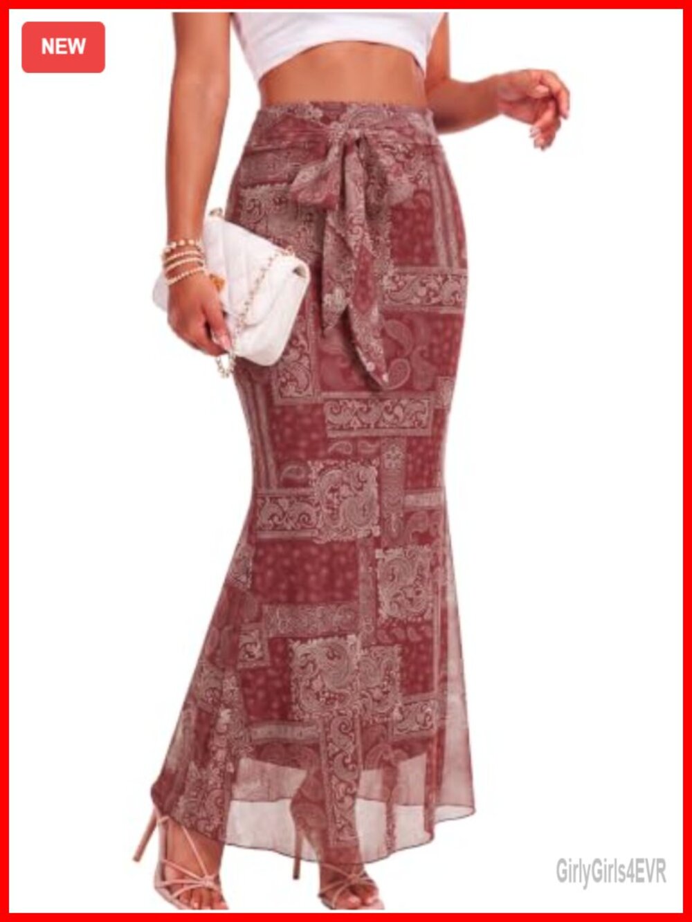 Mesh High Waisted Maxi Skirt Floral Lettuce Trim Double Layer Tie Waist